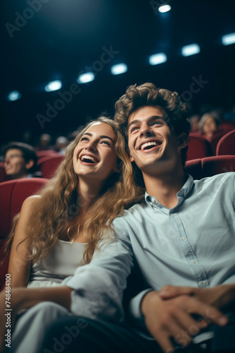Laughing girl and guy in the cinema watching a movie