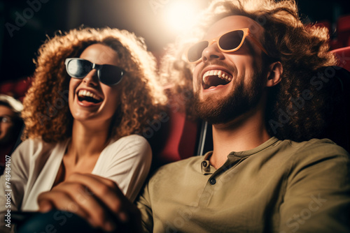 Laughing people in a cinema watching a movie with 3D glasses