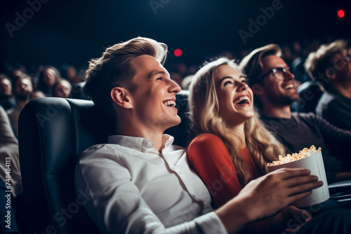 Laughing couple in cinema watching comedy film and eating popcorn