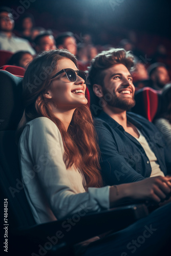 Laughing people in a cinema watching a movie with 3D glasses