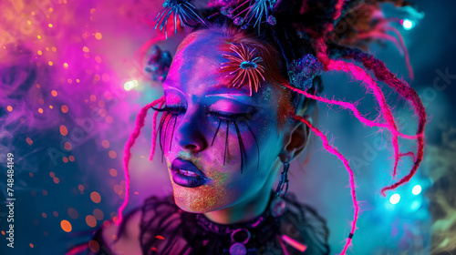 Woman with neon makeup and vibrant hair.