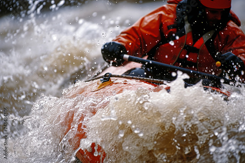 An individual rafting through turbulent river waters