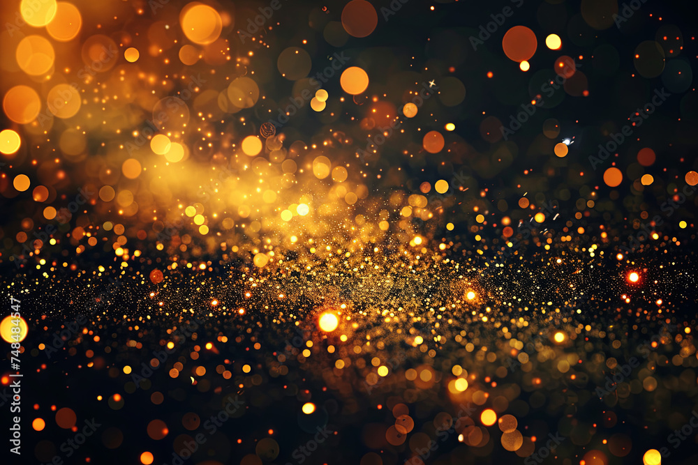 Abstract luxury background with gold and red particles. glitter vintage lights background. Christmas Golden light shine particles bokeh on dark background. Holiday concept
