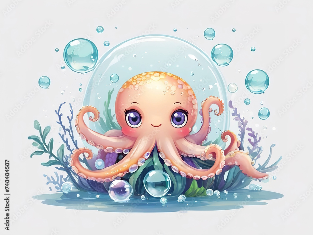 Cute cartoon octopus in the water with bubbles. Vector illustration. Cute cartoon octopus in the water with bubbles. Vector illustration.