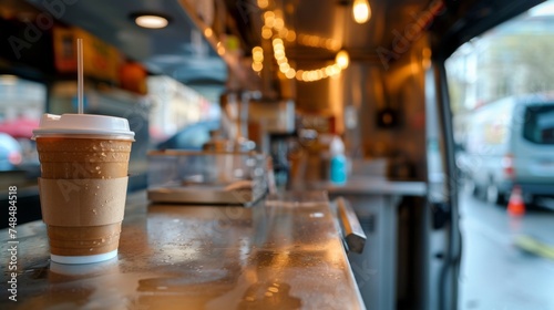 Fresh cup of iced coffee on food truck counter top.. Barista  bistro  outdoor. Room for copy space.