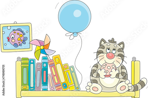 Funny fat cat sitting on a bookshelf among books and eating a piece of a very tasty sausage stolen from a kitchen table, vector cartoon illustration isolated on a white background