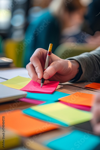 a person writing a new idea on a colorful post-it note