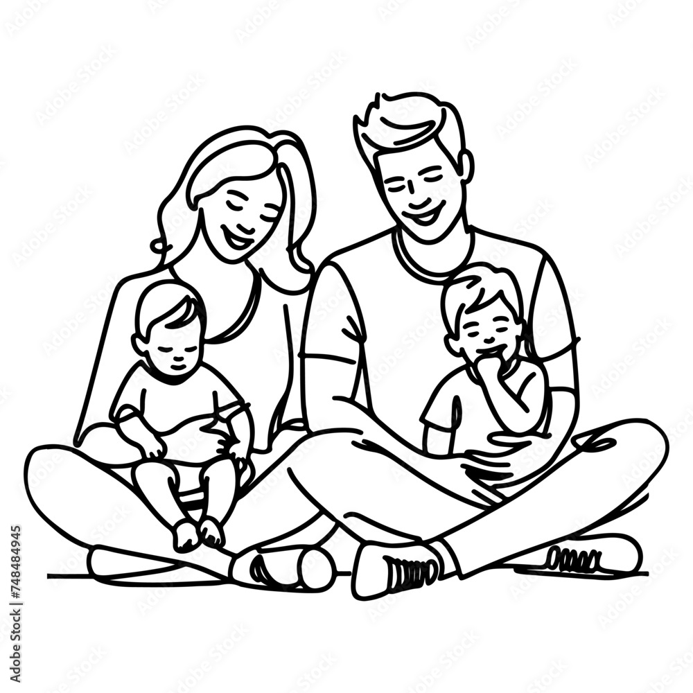 Continuous one black line art drawing happy family father and mother with child doodles style vector illustration on white