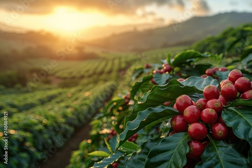 Ripe coffee cherries on lush plants in the foreground with a hazy, rolling hillside landscape in the background. Place for text