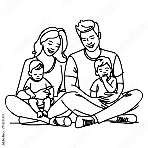 Continuous one black line art drawing happy family father and mother with child doodles style vector illustration on white