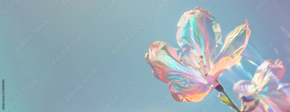 Digital art of a delicate holographic flower with iridescent petals blossoming in a surreal, soft-focus dreamscape. Place for text - obrazy, fototapety, plakaty 