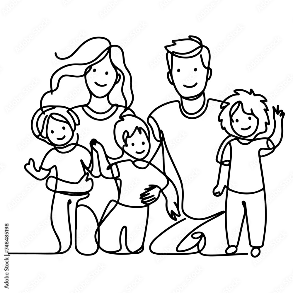 Continuous one black line art drawing happy family father and mother with child doodles style vector illustration on white Continuous one black line art drawing happy family father and mother with child doodles style vector illustration on white
