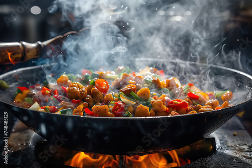 A traditional Asian wok filled with various ingredients is cooking on a gas stove. The flames beneath the wok provide heat, while the chef stirs and tosses the food with a spatula