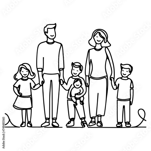 Continuous one black line art drawing happy family father and mother with child doodles style vector illustration on white