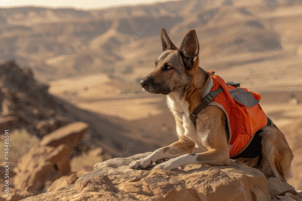 Dog wearing an orange vest lying on a rocky desert outcrop. Dog wearing an orange vest lying on a rocky desert outcrop.
