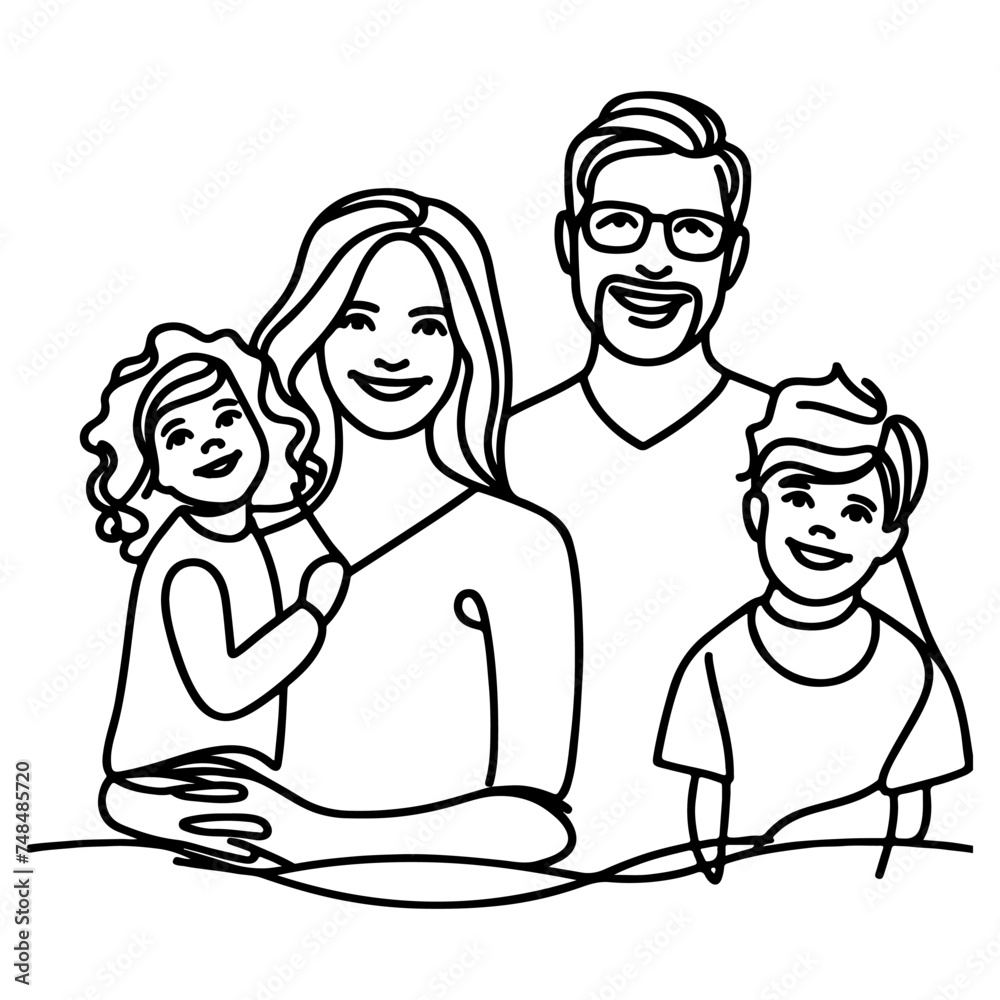Continuous one black line art drawing happy family father and mother with child doodles style vector illustration on white Continuous one black line art drawing happy family father and mother with child doodles style vector illustration on white