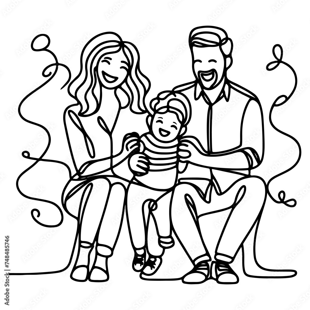 Continuous one black line art drawing happy family father and mother with child doodles style vector illustration on white Continuous one black line art drawing happy family father and mother with child doodles style vector illustration on white