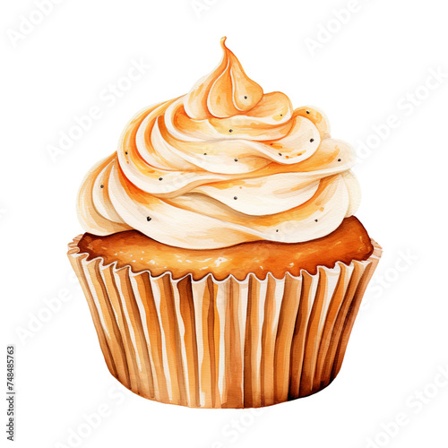 Pumpkin cupcake watercolor clipart illustration on transparent background