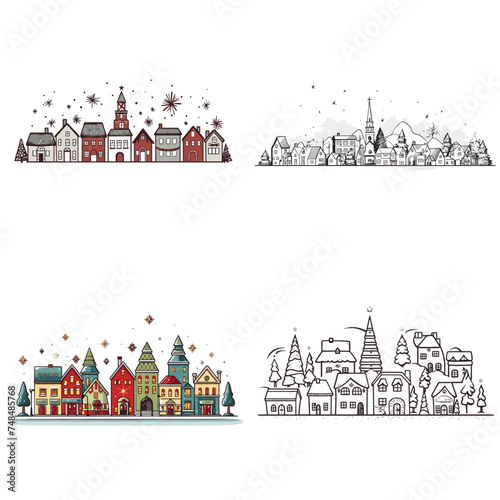 Christmas Village (Miniature Festive Village). simple minimalist isolated in white background vector illustration