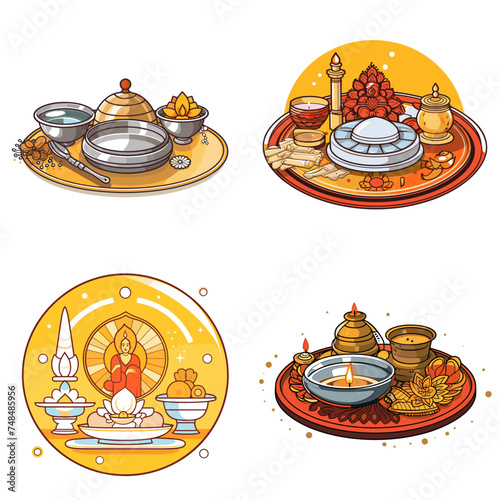 Puja Thali (Religious Plate with Ritual Items). simple minimalist isolated in white background vector illustration