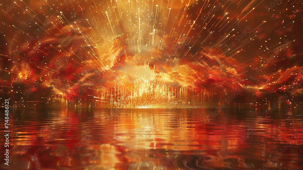 Red reed firework over the water. Red reed firework over the water.