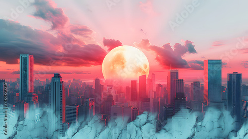 Merge an urban silhouette with the warmth of a sunset in a marble background. Use cityscape silhouettes photo