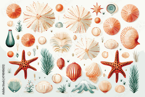 Large seashell collection on a distressed white wooden background.