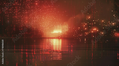 Red reed firework over the water.