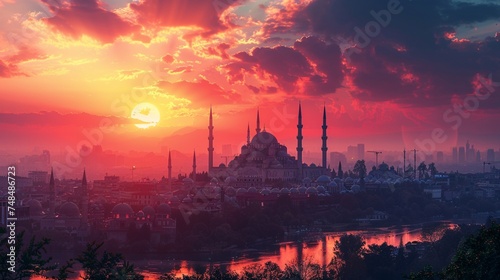A serene sunset scene with a mosque silhouette in the distance, symbolizing the end of Ramadan and the beginning of Eid