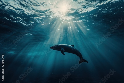Lone sperm whale diving into the deep blue ocean abyss with sun rays filtering through the water surface. © evgenia_lo