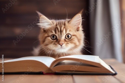 Cat Student Sitting Behind Open Book