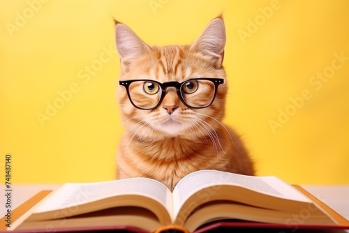 Cat Student Sitting Behind Open Book