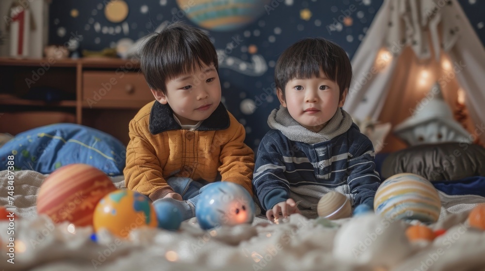 Fototapeta premium Two Asian Boys Playing with Space Themed Toys in a Dreamlike Portrait
