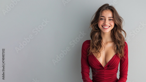Brunette woman in red halter V-Neck smiling isolated on gray