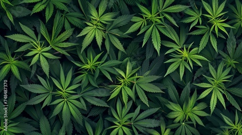 Patterns background of cannabis leaves and buds. Botanical details pattern suitable for textiles or wallpapers, top view.