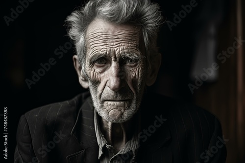 Venerable Lonely elderly man at home. Face aged adult sad person. Generate Ai