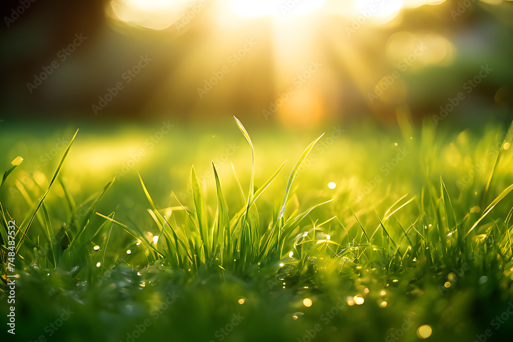 Fototapeta premium a green grass field with sunlight shining through grass, grass background, summer background with fresh grass, generative ai
