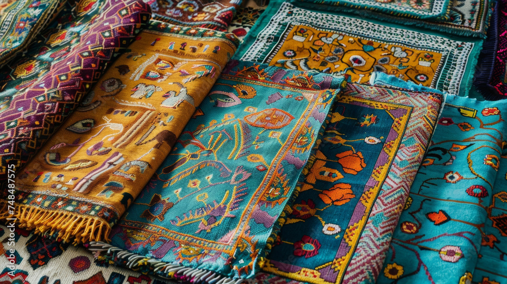 A cultural and religious mosaic of diversity with vibrant tapestries and woven rugs. A cultural and religious mosaic of diversity with vibrant tapestries and woven rugs.