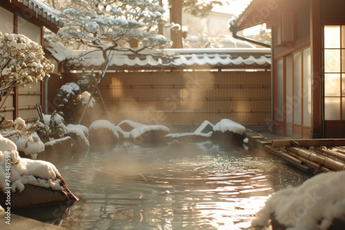 Tranquil Snow-Covered Hot Spring Beside Traditional Japanese House at Sunset