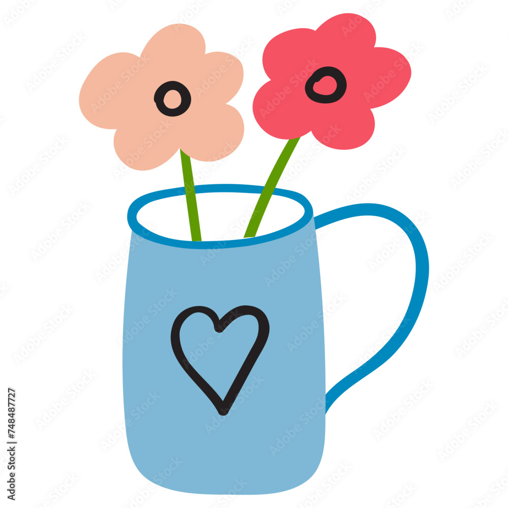 Flowers in a mug. Modern decoration. Flat design. Vector illustration on white background. Flowers in a mug. Modern decoration. Flat design. Vector illustration on white background.
