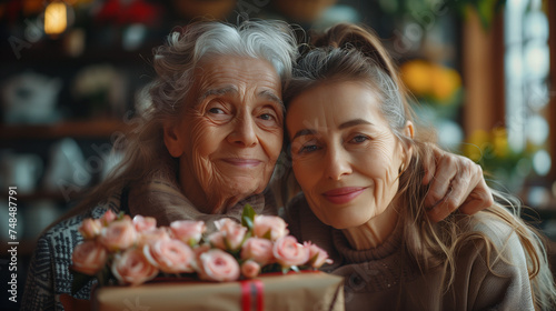 Happy Mother s day  adult daughter gives a gift and congratulates an elderly mother  mam and daughter with flowers