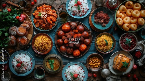 A traditional Eid feast spread out on a table  with  Eid Mubarak  written in colorful spices atop a bed of white rice