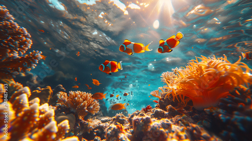  dive underwater with Nemo fishes in the coral reef Travel lifestyle, holiday in Thailand photo