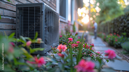 air source heat pump unit installed outdoors at a modern home with spring flowers © Fokke Baarssen