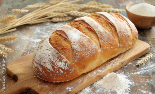 Loaf of freshly baked artisan bread with flour and wheat stalks in background photo