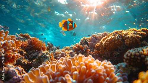  dive underwater with Nemo fishes in the coral reef at sunset Travel lifestyle, watersport adventure, swim activity on a summer beach holiday in Thailand photo