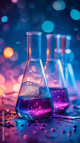 Vibrant Laboratory Glassware with Colorful Liquid and Bokeh Background