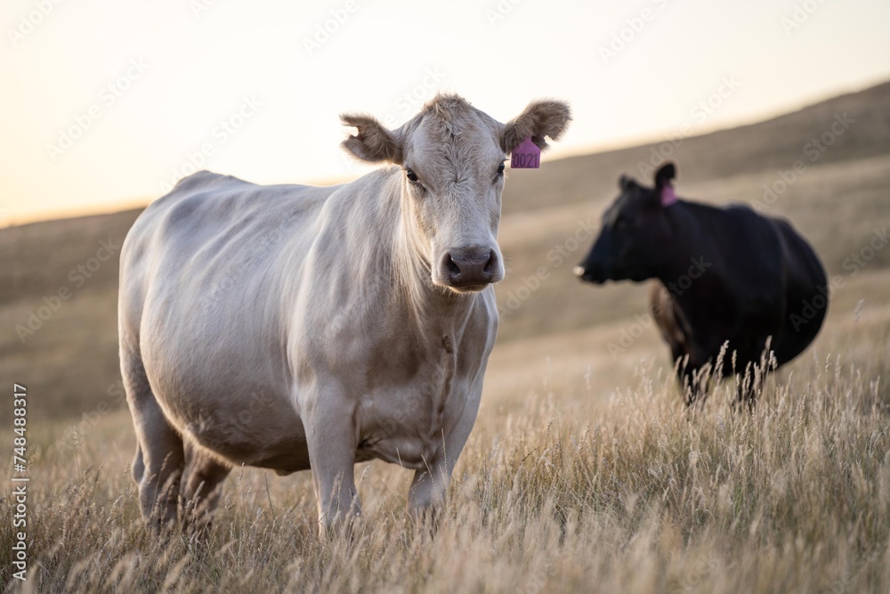 beautiful cattle in Australia eating grass, grazing on pasture. Herd of cows free range beef being regenerative raised on an agricultural farm. Sustainable farming of food crops. Cow in field beautiful cattle in Australia eating grass, grazing on pasture. Herd of cows free range beef being regenerative raised on an agricultural farm. Sustainable farming of food crops. Cow in field