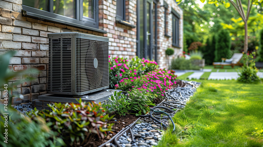 a Heat pump of air-water technology for the home. Split-type inverter system. Installed in a modern private house