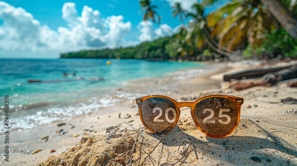 sign letter 2025  numbers in sunglasses on a tropical beach, Happy New Year 2025, Concept of planning, start, career path, business strategy, opportunity and change	